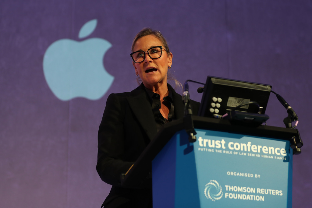Angela Ahrendts, Senior Vice President, Apple Retail, speaks at the Thomson Reuters Foundation's annual Trust Conference, accepting the 2018 Stop Slavery Award.