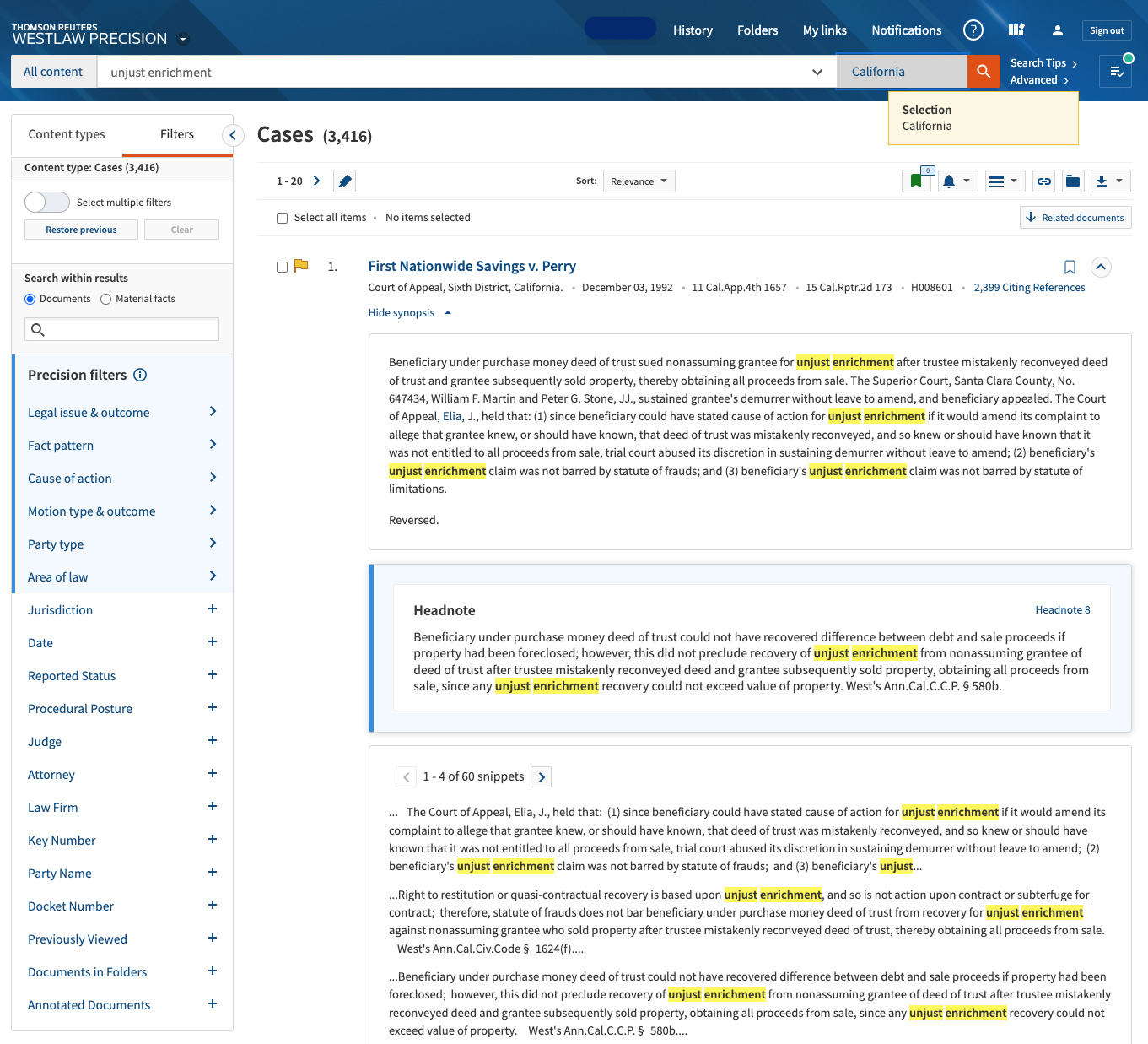 Screen Shot of unjust enrichment search for related cases using Westlaw Precision
