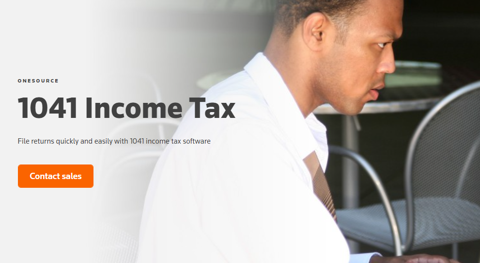 Landing page for ONESOURCE 1041 Income Tax with a man looking at a computer.
