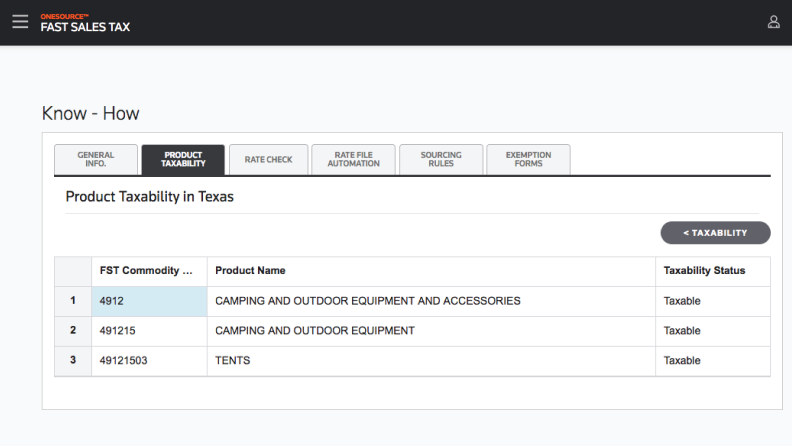 A screenshot from the Fast Sales Tax product from ONESOURCE showing product taxability in Texas.