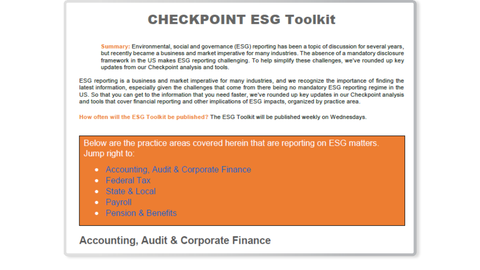 Description of the Checkpoint ESG Toolkit helps businesses.