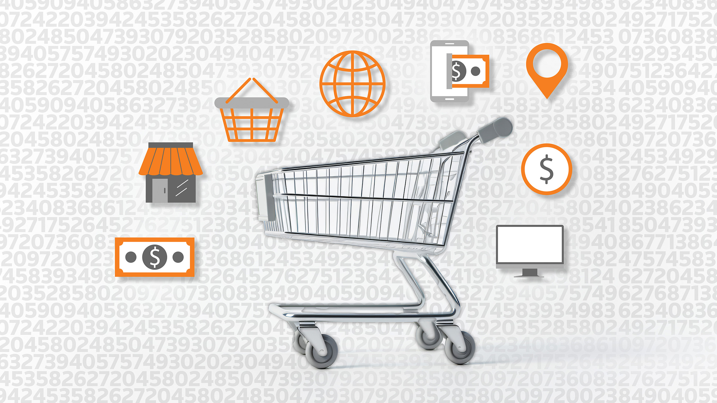 Graphic of a shopping cart with e-commerce icons surrounding it.